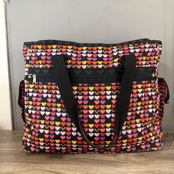 Roxy Quicksilver Heart Patterned Black & Pink Lightweight Tote Bag - Picture 3 of 10